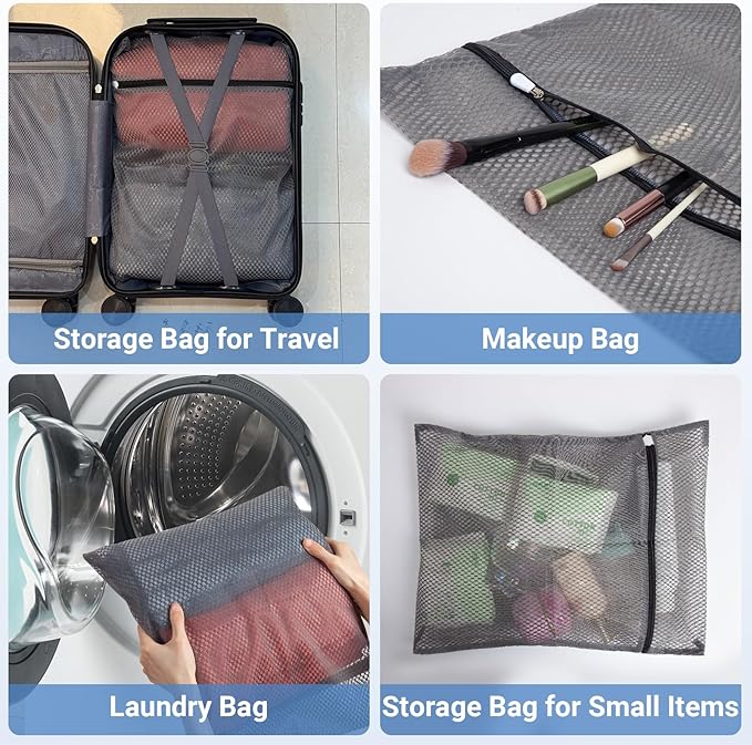 3Pcs 12 x 16 Inches Laundry Bags for Delicates, Durable Honeycomb Mesh Laundry Bags, Sturdy Zipper Laundry Bag for Lingerie, Clothes, Shoes, Socks, Gray