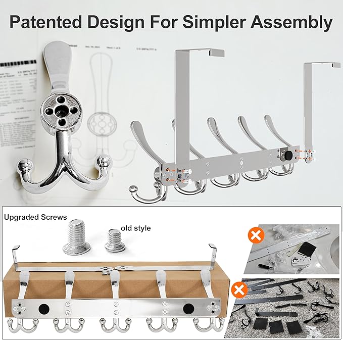 Dseap Over Door Hook 2.0 - Upgraded Version - Simple-Assembly, Strong, Heavy-Duty Stainless Steel 5-Tri-Hook Over The Door Hanger Rack, SimpleStrong Series, Chromed