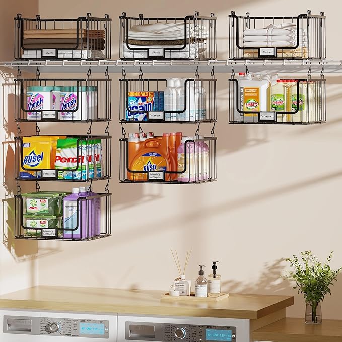 5-Tier Hanging Laundry Room Organizer with Label Cards,Foldable Wire Shelf Basket with 4 Rotating Hooks,Stacked Laundry Basket Organizer,Storage Rack for Laundry Rooms,Closet and Pantry-Black
