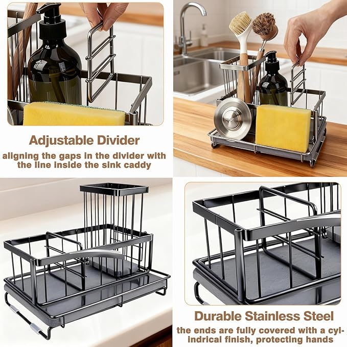 Kitchen Sink Caddy with Instant Drying Stone: Sink Sponge Holder, Stainless Steel Countertop Organizer Basket for Sponge, Scrubbers, Soap, Towel, Bathroom, Desk& Wall Mounted Mode, 2 Diatomaceous Pad