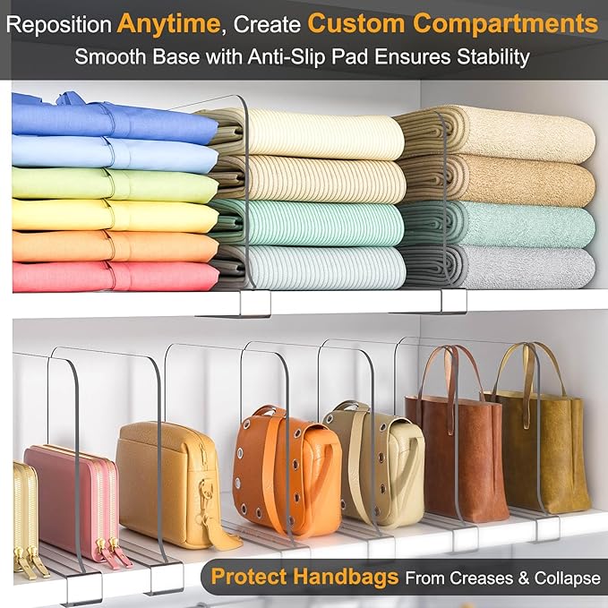 OKPOW Shelf Dividers for Closet Organization: 8" Tall X 12" Deep Acrylic Clear Sturdy Separators for Clothes Purse - Adjustable Easy Install Storage for Wood Cabinet Home Organizer Housewife 6 Pack