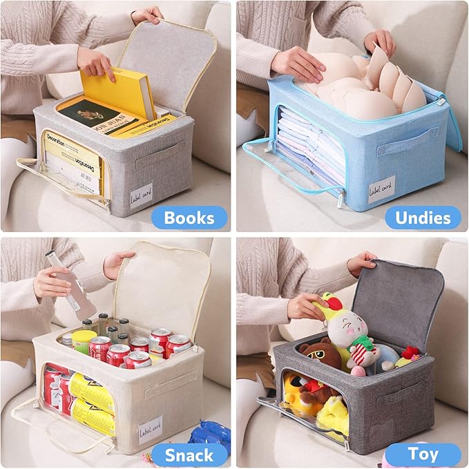 Clothes Storage Bins Box - Linen Fabric Foldable Stackable Container Organizer Set with Clear Window & Carry Handles & Metal Frame - 2Pack Large Capacity for Bedding, Blankets, Books