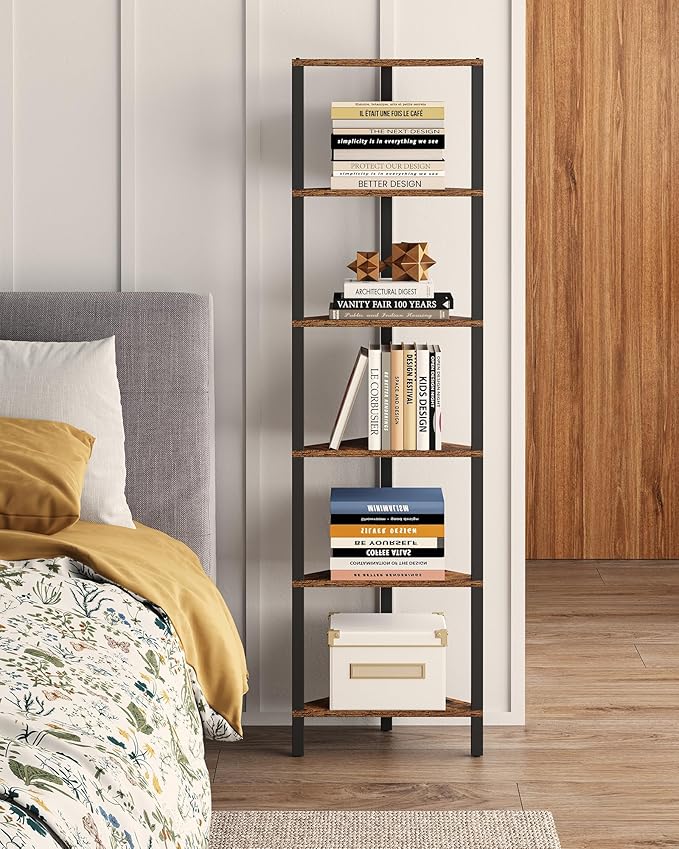 TUTOTAK Corner Shelf, 6-Tier Corner Bookshelf for Small Space, Narrow Display Corner Shelf Stand with Storage Rack, for Living Room, Bedroom, Rustic Brown BS05BB006