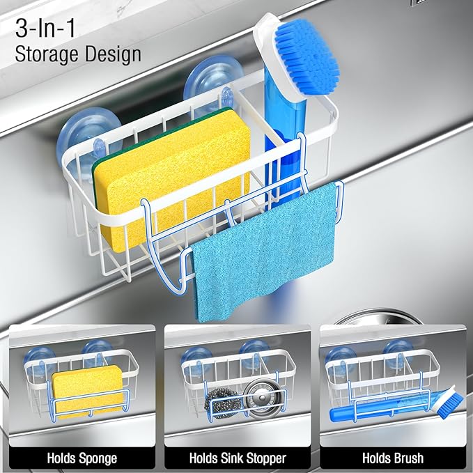 3-in-1 Kitchen Sink Caddy Organizer with Sponge Holder, Brush Holder, Extra Rack for Scrubber, Sink Stopper, Dish Cloth Hanger - Strong Dual Suction Cup, 2.0mm SUS304 Stainless Steel - White