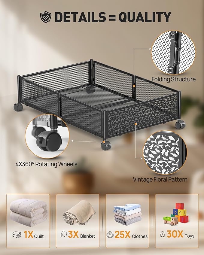 Under Bed Storage With Wheels, 2 Pack Foldable Pattern Carved Metal Under Bed Storage Containers, 60L Rolling Underbed Storage, Easy Assembly Under The Bed Storage for Shoes, Clothes, Blankets...