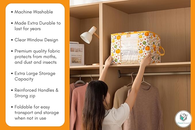 Chaos Cleared Canvas Storage Bags Designer Organizer 2 Pack – Seasonal Storage for Sweaters, Blankets, Linens & Garments – Foldable Design with Zip & Window, Moth-Proof Space Saver, Pumpkin Print
