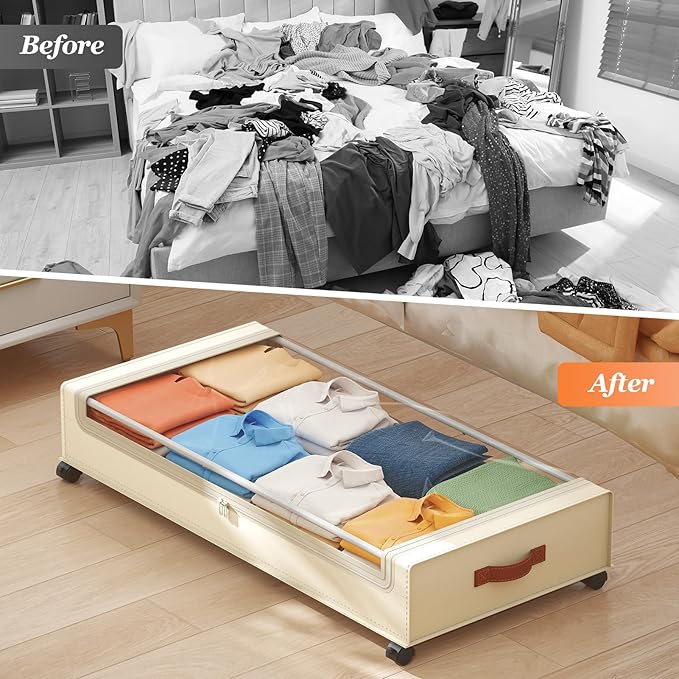 Yecaye 70L Under Bed Storage with Wheels, 3 Pack Larger Capacity Under Bed Storage Containers, Underbed Shoe Storage Organizer, Rolling Under Bed Metal Drawers for Clothes, Blankets, Beige