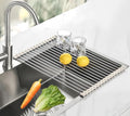 Roll Up Dish Drying Rack, 17.7" x 15.8" Over The Sink Dish Drying Rack, Kitchen Dish Rack Foldable Dish Drainer, Stainless Steel Dish Drying Rack for Kitchen Sink Counter Storage (Grey)