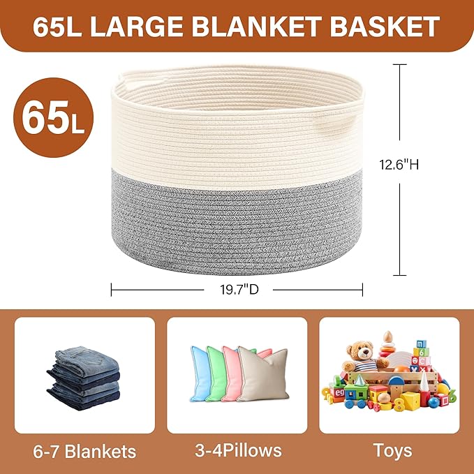 Foldable Laundry Hamper Basket with Collapsible Handle Cotton Rope Soft Woven Fabric Storage Organizer Clothes Toys Nursery Bedroom Dorm Space Saving Bin (White & Light Grey, 65L(19.7"D x 12.6"H))