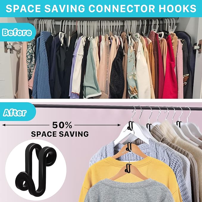 100PCS Clothes Hanger Connector Hooks,Space Saving Extender Hooks for Closet Organizer,Heavy Duty Plastic Hanger Connection Hooks Cascading Hanger Hooks Organizer,Black