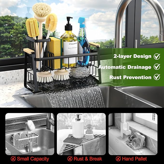 Housolution Sponge Holder for Kitchen Sink, 2-Tier Sink Caddy Organizer with Flexible High Brush Holder, Kitchen Countertop Storage Accessories, Soap Dispenser Organizer, Rustproof