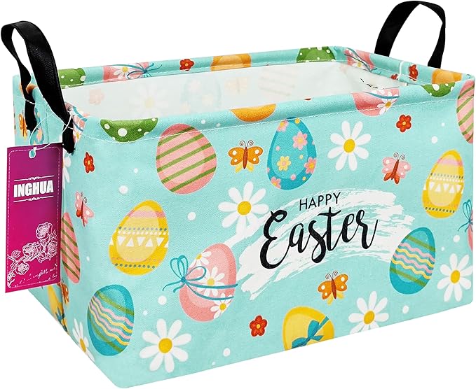 Rectangular Storage Basket Fabric Organizer Bin for Toys,Books,Clothes,Gifts,Pets-Perfect for Home,Office,Nursery,Dorm,Shelf(Rec-Easter eggs)