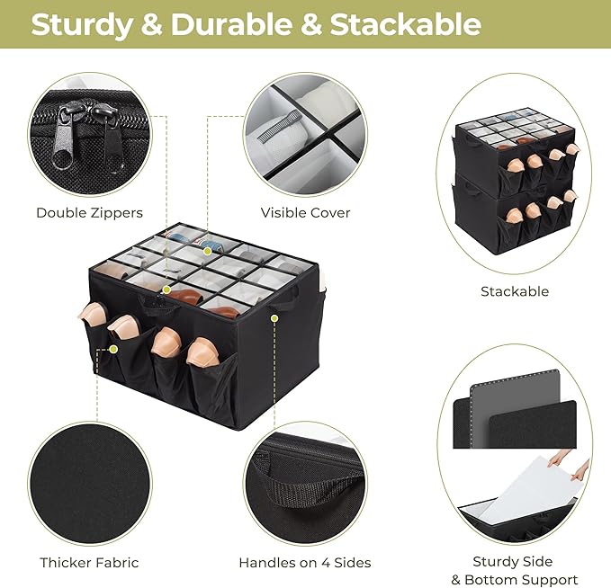 Shoe Organizer for Closet, Shoe Storage Solution with Clear Cover & Adjustable Dividers, Fabric Shoe Box Fits 16 +8 Pairs Shoes, Black, 2-Pack