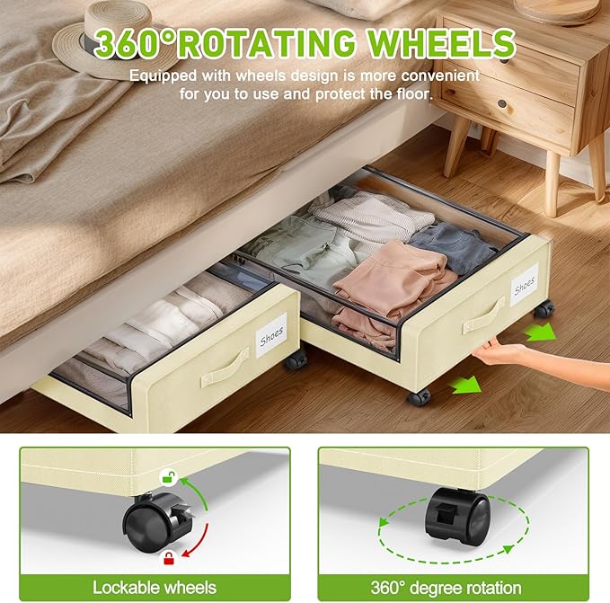 Under Bed Storage with Wheels, 2-Pack Underbed Storage Containers with Clear Lids, Under Bed Shoe Storage Organizer, Rolling Under Bed Storage for Clothes Shoes Blankets (Beige)