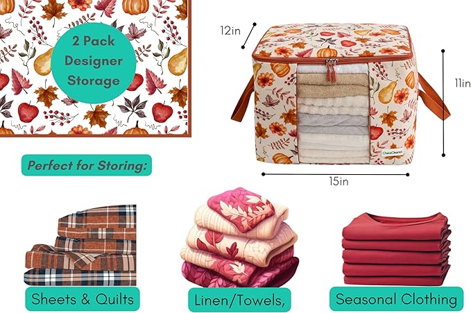 Chaos Cleared Canvas Storage Bags Designer Organizer 2 Pack – Seasonal Storage for Sweaters, Blankets, Linens & Garments – Foldable Design with Zip & Window, Moth-Proof Space Saver, Autumn Print