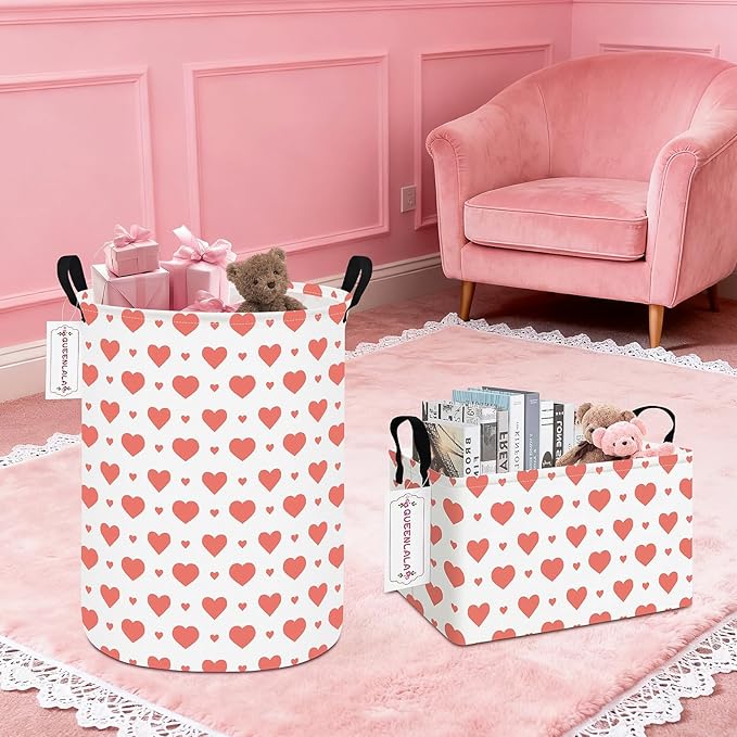 QUEENLALA Rectangular Laundry Hamper/Foldable Nursery Laundry Basket for Organizing/Storage Bin Baskets/Children Toy Office Bedroom/Toy Bin Closet Shelf Baskets（Rec-Pink Heart）
