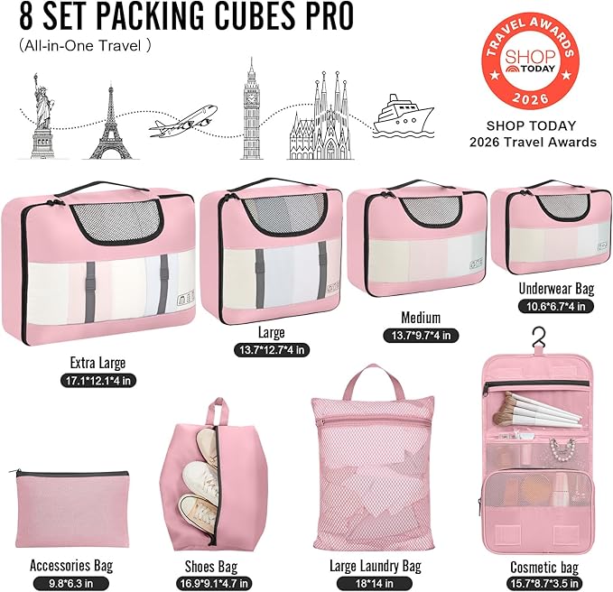 Veken 8 Set Packing Cubes for Travel Essentials, Suitcase Organizer Bags in 4 Sizes, Carry-On Luggage Accessories with Large Laundry & Hanging Toiletry Bag, Must-Have for Airplane, Road Trip & Camping