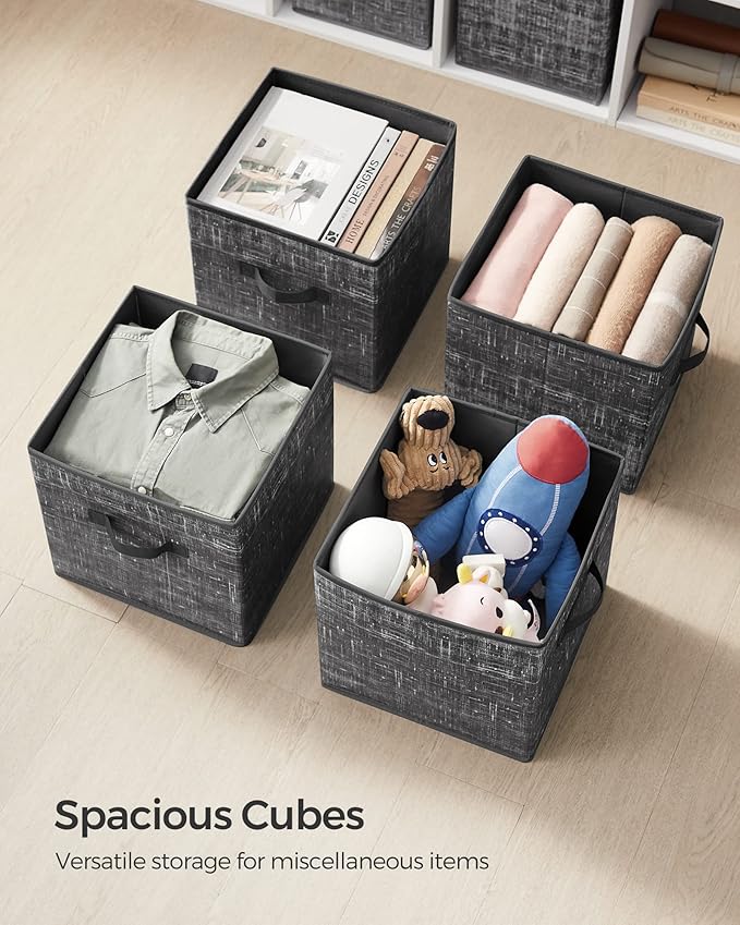 SONGMICS Storage Cubes, 11.8-Inch Non-Woven Fabric Bins with Double Handles, Set of 6, Closet Organizers for Shelves, Foldable, for Clothes, Classic Black UROB030B01