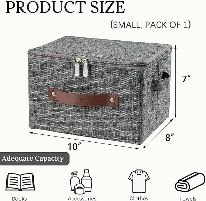 Storage Bins with Zipper Lid Foldable Fabric Lidded Storage Boxes Baskets Cubes Washable Collapsible PU Leather Handle Cotton Linen Fabric Shelf Closet Organizer Container(Gray, Small Size)