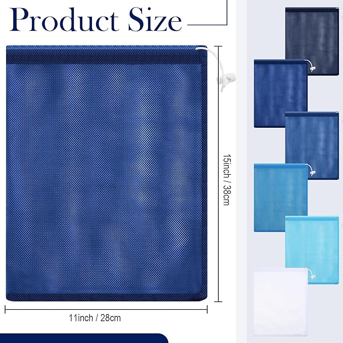 Frienda 6 Pieces Mesh Stuff Sack, 11 x 15 Inch Durable Nylon Drawstring Laundry Bag for Rinsing Beach Toys, Seashell Collecting, Mesh Bags and Travel(Blue)