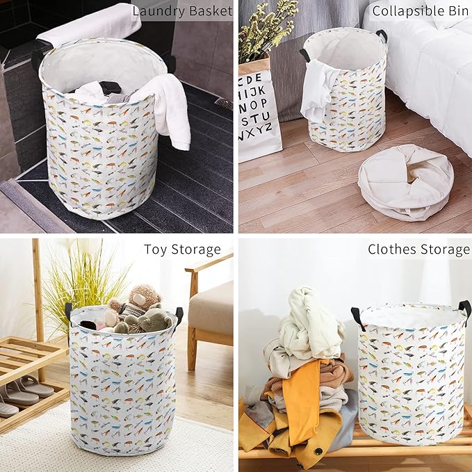 17-inch Laundry Hamper Foldable Laundry Basket, Seaside Fishing Waterproof Clothes Hamper for Bathroom Bedroom Living Room, Various Fish Hook Patterns Toy Baskets for Dollhouse