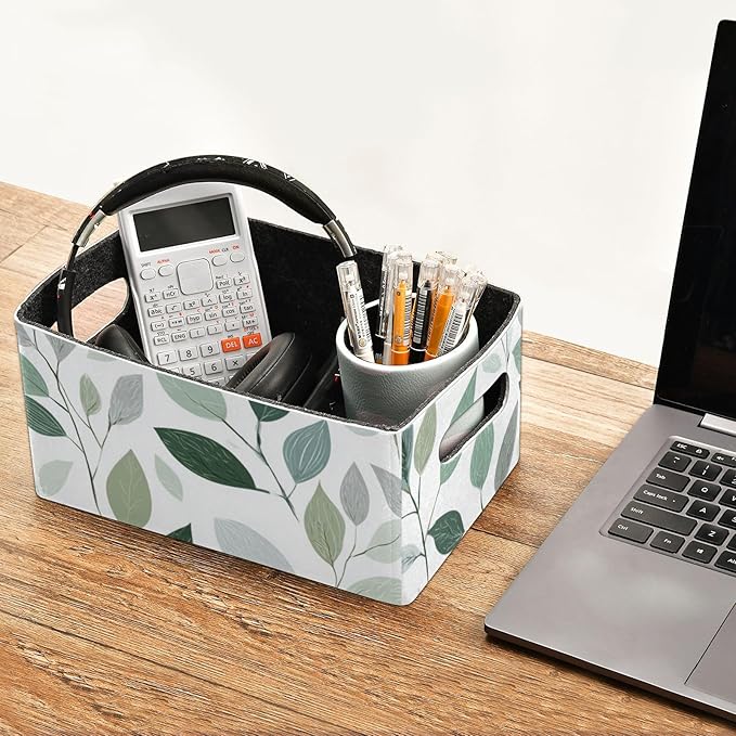 Sage Green and Grey Leaves Closet Storage Bins 2 Pcs Felt Open Home Storage Containers Organizer with Handles Collapsible Shelf Basket for Home Office Craft Room Classroom Fabric