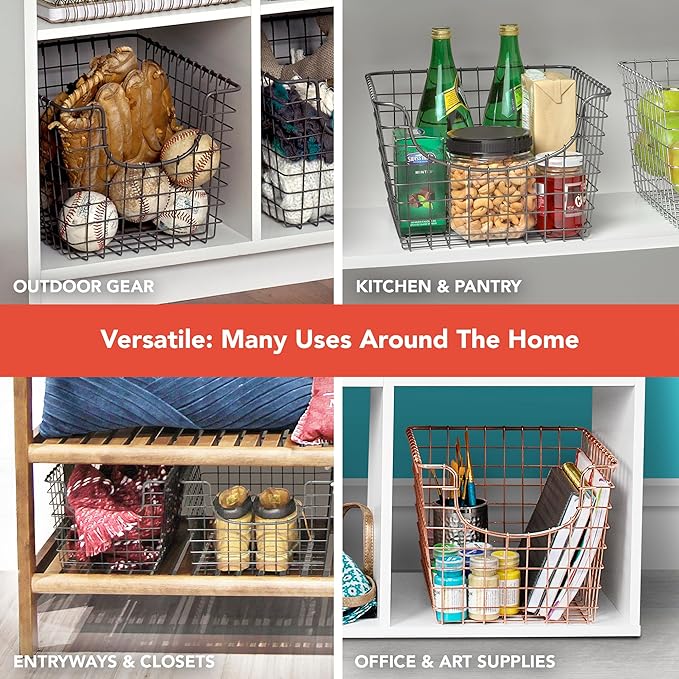 Spectrum Wire-Basket for Organizing (Medium, Industrial Gray) - Sturdy Scoop Pantry Basket Storage - Wire Storage Basket Organizer for Kitchen, Shelf, Closet, Bathroom, Garage & More (Pack of 6)