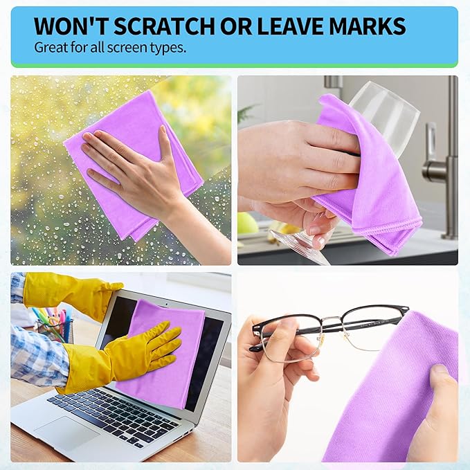HOMERHYME Microfiber Cleaning Cloth - 10 Pack Glasses Cleaning Cloth, 16" x 14" Window Cleaning Rags, Streak Free Lint Free Polishing Cloths Wipes for Eye Glass, Stainless Steel, Windshield, Purple