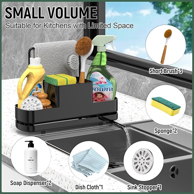FUNKYLEE Sink Caddy Kitchen Sink Organizer, Black Kitchen Counter Organizer, Scrub Brush Holder, Plastic Sponge Holder for Dish Soap, Soap Dispenser, Sponge, Towel