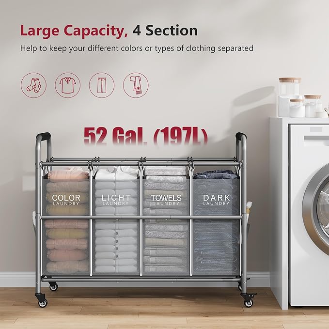Tajsoon 4 Bag Laundry Sorter Cart, 4 Section Laundry Hamper Sorter with Heavy Duty Lockable Rolling Wheels, Laundry Separator Hamper with Removable Bags for Dirty Clothes Storage, Grey & White