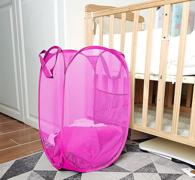 Larpur 2Pack Foldable Popup Laundry Basket, Collapsible Portable Mesh Clothes Washing Laundry Hamper with Reinforced Carry Handles (Pink)