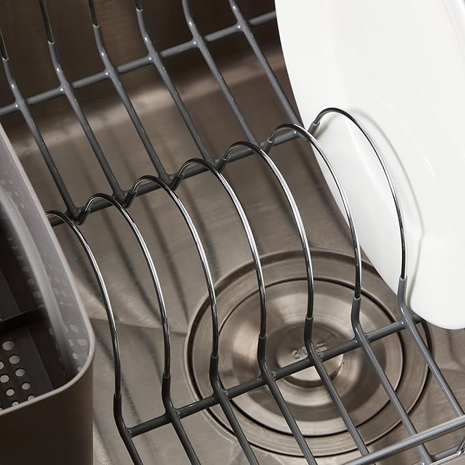 Dish Drying Rack & Cutlery Holder 2 Piece Set - Compact Sink-Fitting Dish Drainer with Rubberized Undercoating, Space-Saving Kitchen Organizer for Plates, Cups, Bowls & Utensils in Sink, Gray