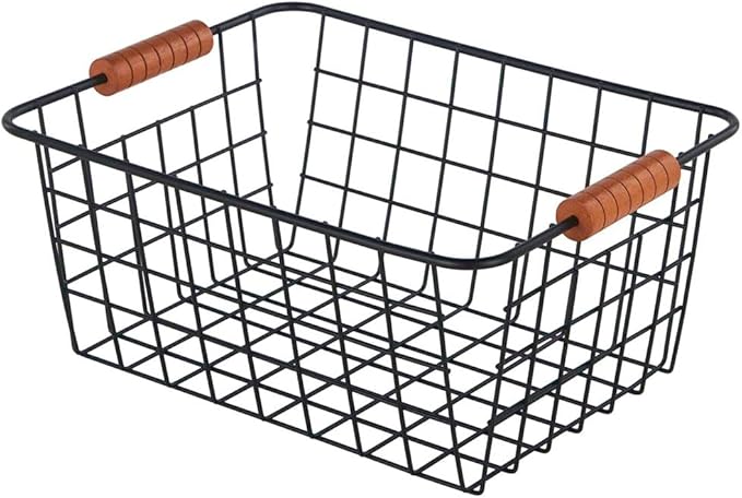 Wire Kitchen Storage Basket 4 Packs,Perfect Pantry Organization Accessories Baskets,Laundry Basket,With a Wooden handle,Suitable for Kitchen,Bathroom,Bedroom,Tabletop,Stackable,Black