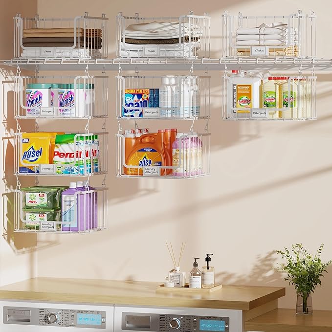 4-Tier Hanging Laundry Room Organizer with Label Cards,Foldable Wire Shelf Basket with 4 Rotating Hooks,Stacked Laundry Basket Organizer,Storage Rack for Laundry Rooms,Closet and Pantry-White