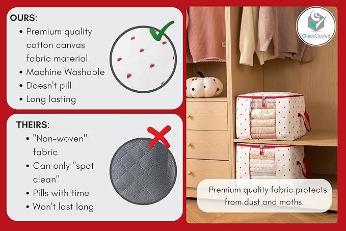 Chaos Cleared Canvas Storage Bags Designer Organizer 2 Pack – Seasonal Storage for Sweaters, Blankets, Linens & Garments – Foldable Design with Zip & Window, Moth-Proof Space Saver, Strawberry Print