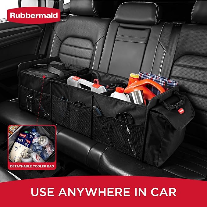 Rubbermaid Car Organizer, Collapsible Trunk Organizer with Lid & Removable Leakproof Cooler Bag, Multi-Compartment Car Storage Organization for Car Accessories, 5 Compartments Without Cover,