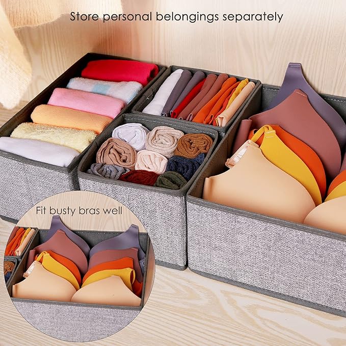 Criusia Foldable Underwear Drawer Organizer, Closet Dividers, Storage Box for Clothes, Socks (6 Bins, Gray) (Pack of 2)