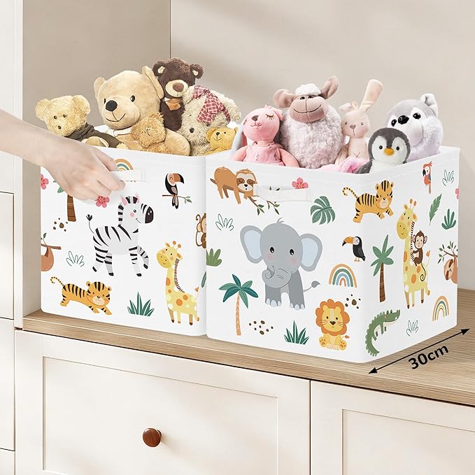 Clastyle Jungle Animal Storage Cube Organizer Set Tree Closet Clothes Cube with Metal Frame Foldable Parents Organizer Storage Basket for Book Toy,White,11.8x11.8x11.8 in