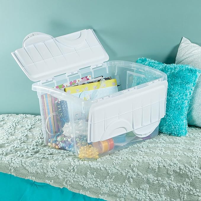 Sterilite 48 Qt Hinged Lid Storage Box, Stackable Bin with Lid, Plastic Container to Organize Home, Office, Basement, Clear with White Lid, 24-Pack