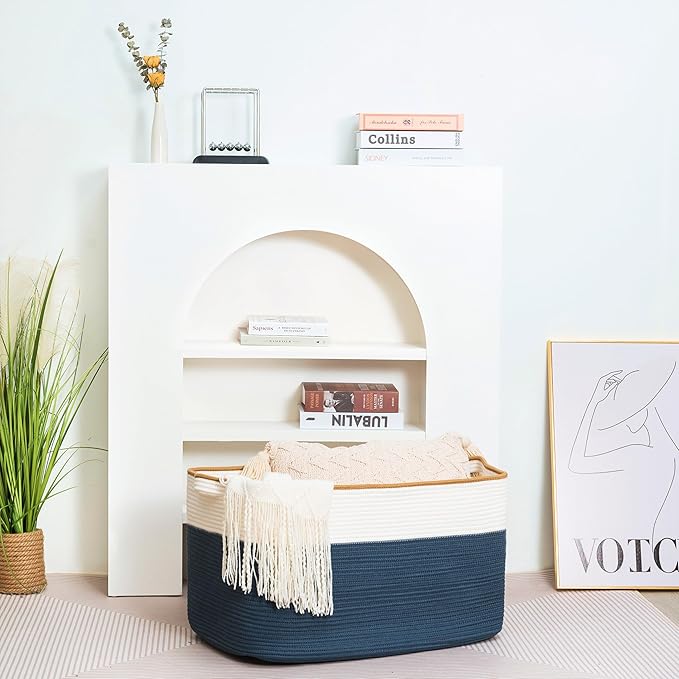 MINTWOOD Design 22in Extra Large Blanket Basket Holder for Living Room, Rectangle Rope Woven Storage Bin with Handles for Laundry, Pool Towels, and Shoes, Dog Toy Box Organizer, Navy Blue