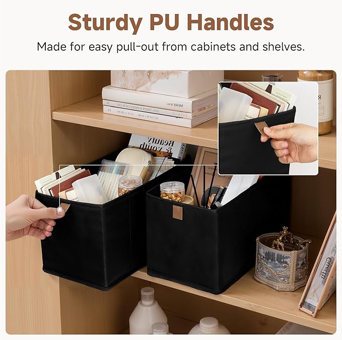 StorageWorks Fabric Storage Bins, Narrow Baskets for Storage, Small Baskets for Organizing with PU Handle, Suitable for Clothes, Books, and Toys, Black, 4-Pack