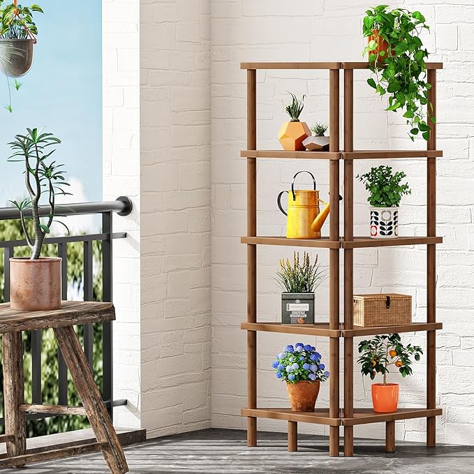HOOBRO Corner Shelf Stand, 5-Tier Bamboo Corner Bookshelf, Plant Display Shelf, Corner Bookcase, Multipurpose Shelving Unit for Small Space, Living Room, Easy Assembly, Mocha MA20CJ01