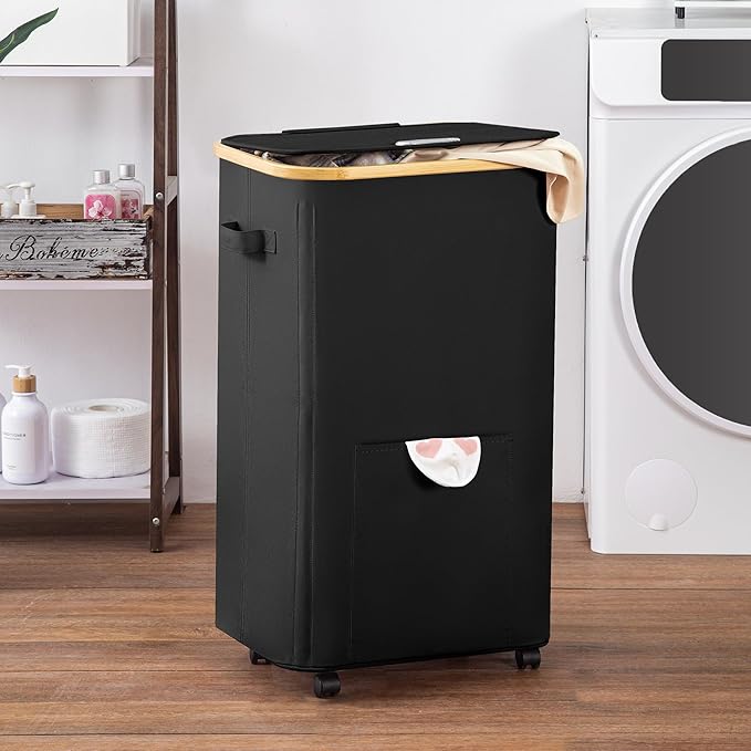 Laundry Basket with Wheels, Tall Dirty Clothes Hamper on Wheels, Rolling Laundry Hamper with lid for Dorm, Bedroom and Bathroom (Black, 100L)
