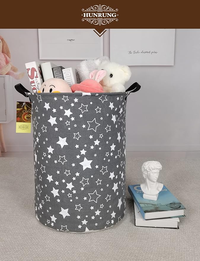 HUNRUNG Laundry Hamper,Large Canvas Fabric Lightweight Storage Basket Toy Organizer Dirty Clothes Collapsible Waterproof for College Dorms, Children Bedroom,Bathroom（Round star）