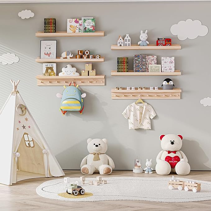 MBYD Natural Wood Shelf with Hooks, Floating Shelves for Wall Bathroom Shelves, Wall Mounted Nursery Bookshelf for Kids Room, Toy Storage Shelf for Bedroom Picture Ledge Shelves (Natural, 36 Inch)