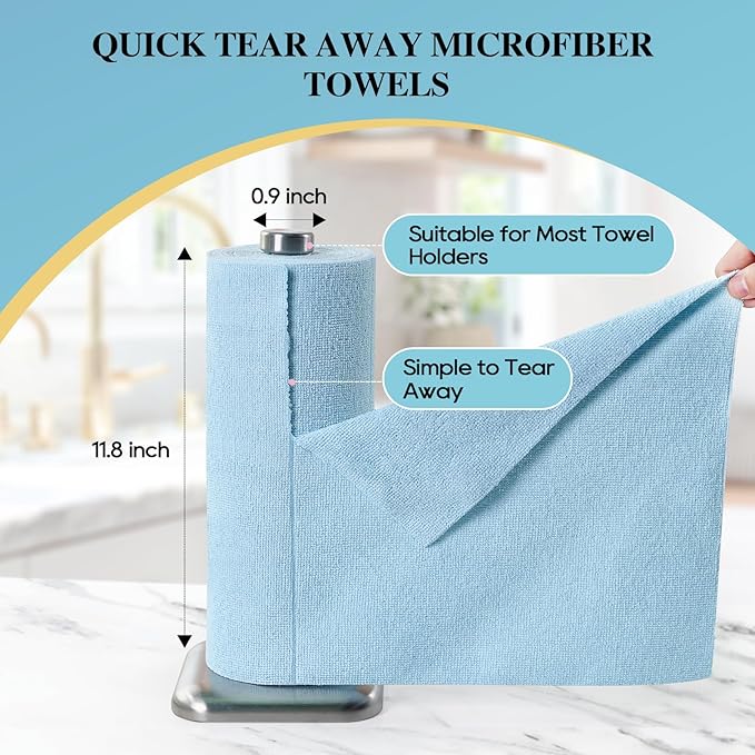 HONOVA Microfiber Cleaning Cloth Roll 45 Pack, 12" x 12" Washable Paper Towels, Tear Away Microfiber Towels Roll,All-Purpose Washable Cleaning Rags for Kitchen, Window, Garage Shop(Blue)