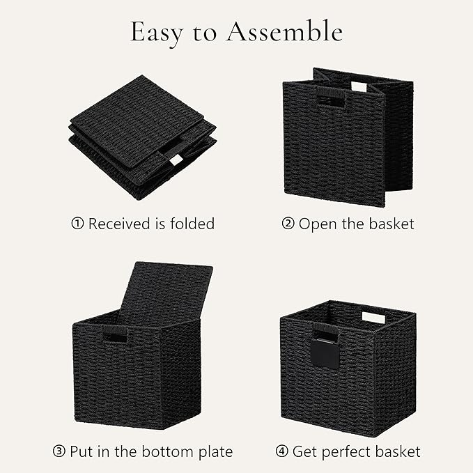 UBBCARE 2 Pack Wicker Basket, 13×13 Storage Cubes with Label, Foldable Cube Storage Bin with Handle, Square Storage Basket for Shelves, Woven Paper Rope Basket for Organizing, Black