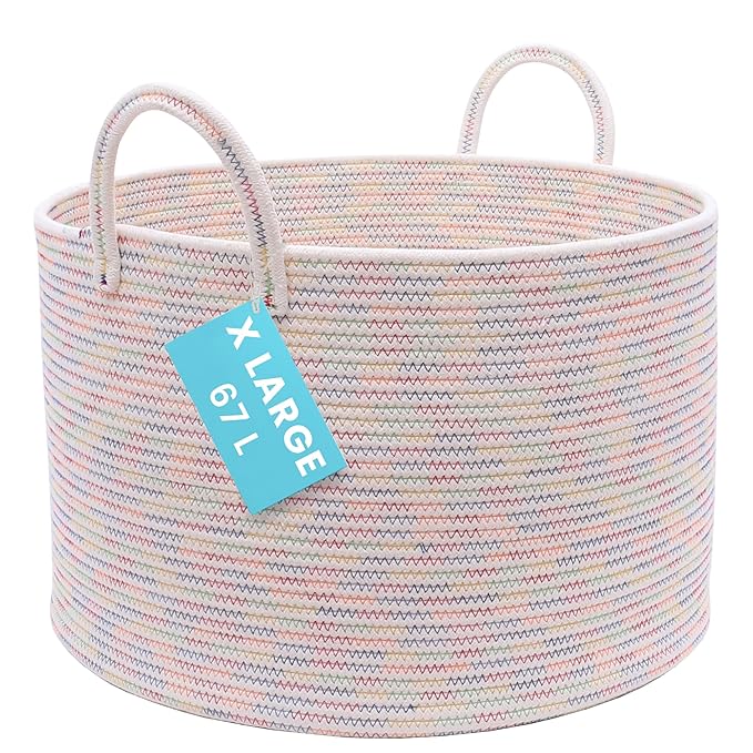 OrganiHaus Large Woven Storage Basket for Blankets and Toys 20" x 13" Inch, Rope Laundry Basket with Handles, Cushions & Pillows Storage Bin, Nursery Hamper, Soft Round Dog Toy Bin - Rainbow Stitches