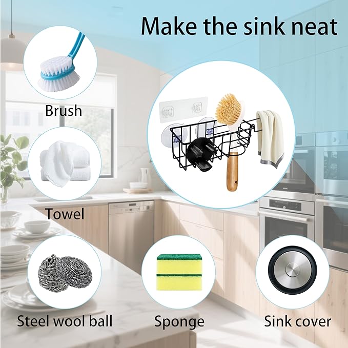 Sponge Holder Smile Face with Dish Cloth Hanger for Kitchen Sink, In-sink Caddy Organizer with Suction Cups & Adhesive Strips, Rustproof Sponge Rack for Soap, Brush, Scrubber - Black