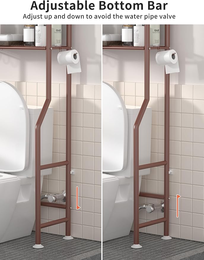 3-Tier Over The Toilet Storage, Freestanding Metal Bathroom Shelves with 4 Hooks, Over Toilet Storage Shelf with Paper Holder, Above The Toilet Shelf for Bathroom Storage, Bronze